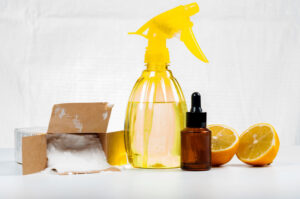 Create your own household cleaning products with natural items like lemon, vinegar, and baking soda.
