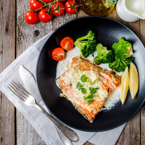 Grilled salmon with basil cream sauce recipe